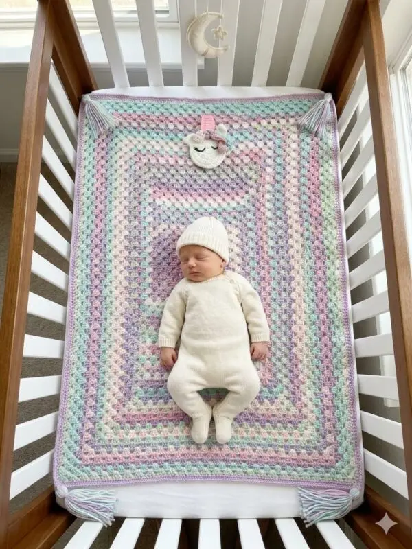 Handmade Pastel Crochet Baby Blanket with Unicorn Design & Tassel – Soft & Unique