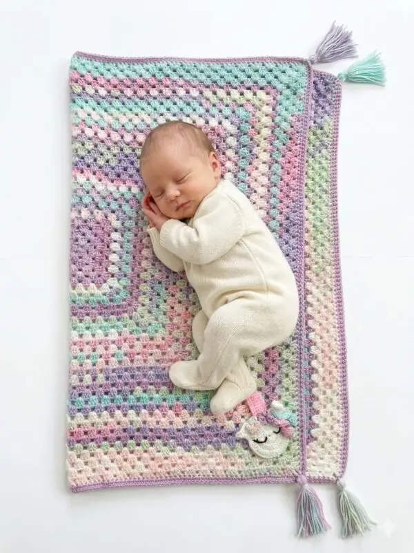 Handmade Pastel Crochet Baby Blanket with Unicorn Design & Tassel – Soft & Unique