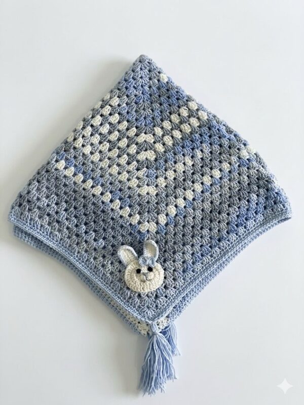 Handmade Crochet Baby Blanket in Purple, White & Grey with Teddy Bear Design