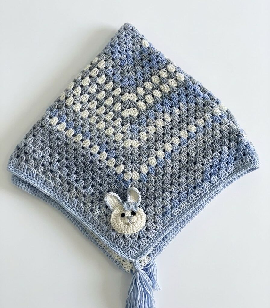 Handmade Crochet Baby Blanket in Purple, White & Grey with Teddy Bear Design