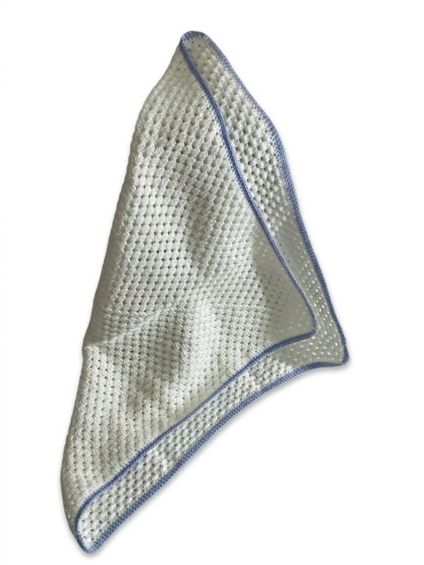 Handmade White Crochet Baby Blanket with Blue Edge – Soft & Elegant Design