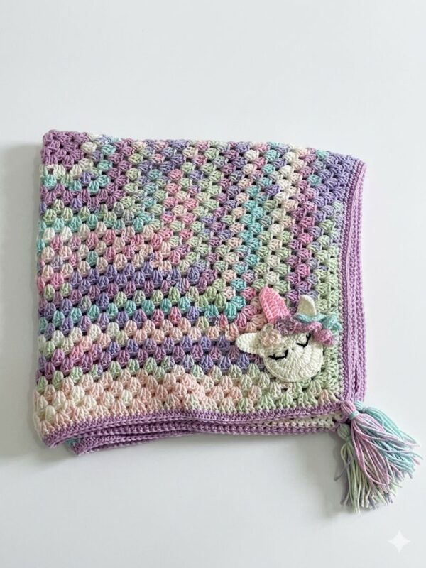 Handmade Pastel Crochet Baby Blanket with Unicorn Design & Tassel – Soft & Unique