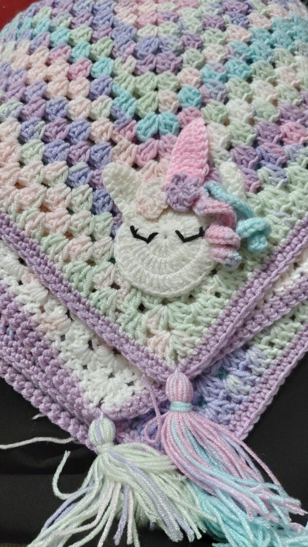 Handmade Pastel Crochet Baby Blanket with Unicorn Design & Tassel – Soft & Unique
