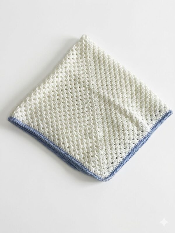 Handmade White Crochet Baby Blanket with Blue Edge – Soft & Elegant Design