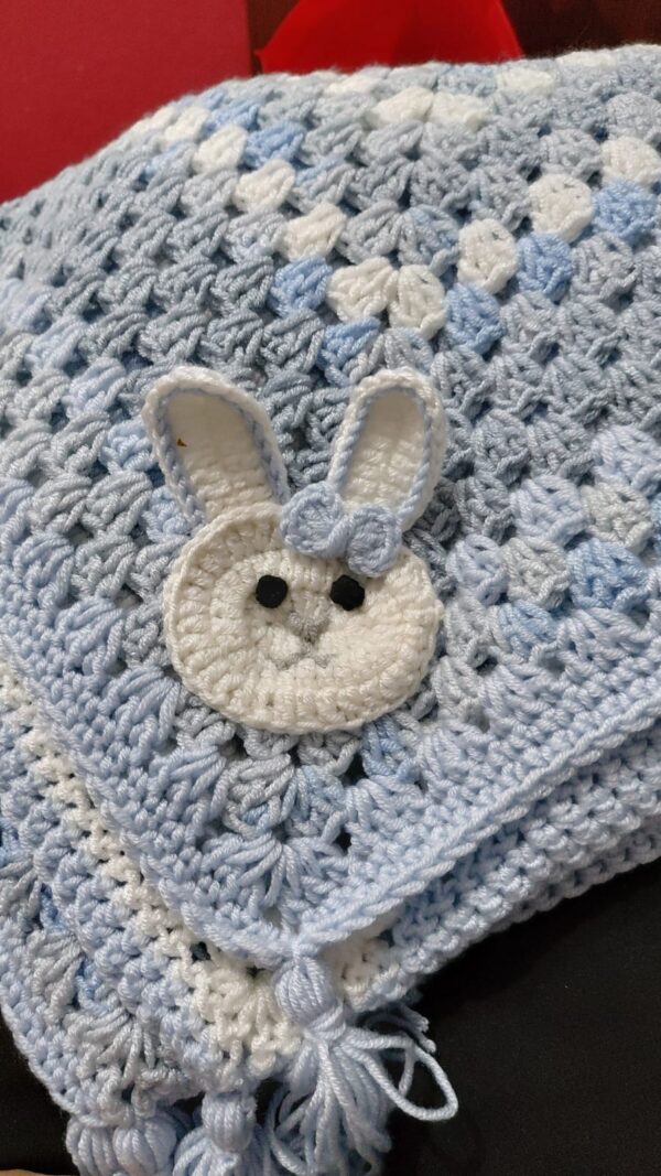 Handmade Crochet Baby Blanket in Purple, White & Grey with Teddy Bear Design