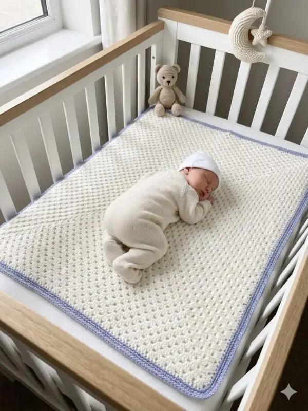 Handmade White Crochet Baby Blanket with Blue Edge – Soft & Elegant Design
