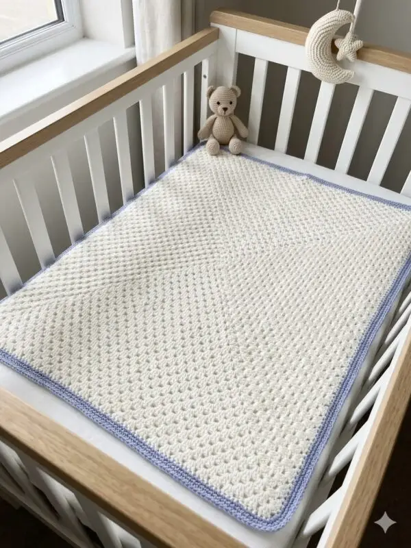 Handmade White Crochet Baby Blanket with Blue Edge – Soft & Elegant Design