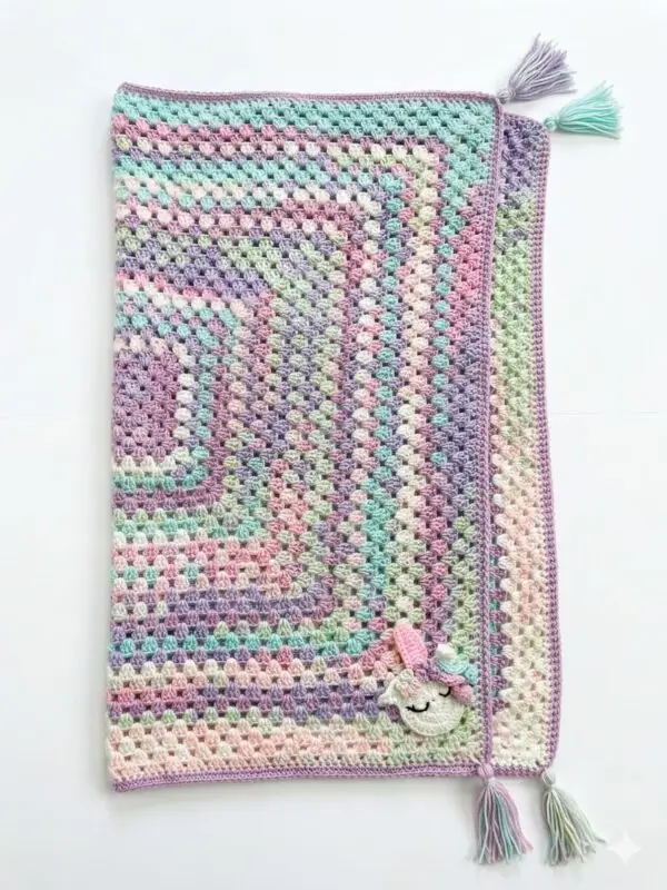 Handmade Pastel Crochet Baby Blanket with Unicorn Design & Tassel – Soft & Unique