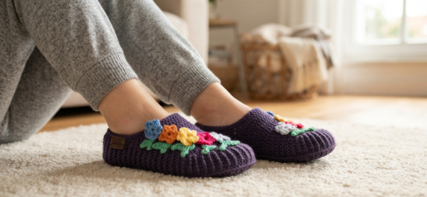 purple flowered crocs