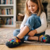 grey flowered crocs with striped colors