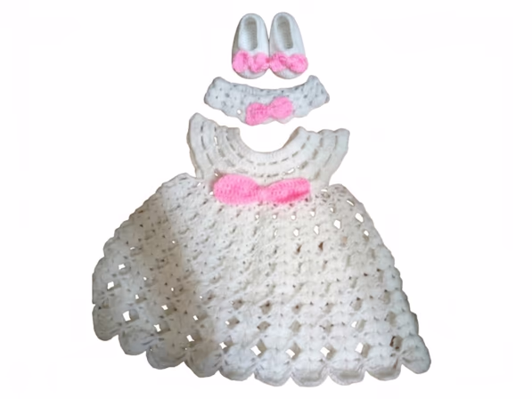 Pure White & Pink Bow Hand-Crocheted Baby Dress Set