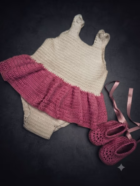 Gemini_Generated_Image_gct9ungct9ungct9_50% Cream & Raspberry Hand-Crocheted Baby Romper & Booties Set