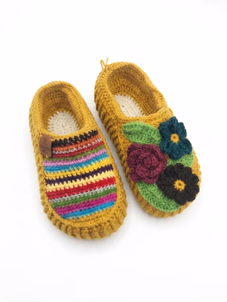 Mustard Yellow Artisanal Hand-Crocheted Clogs: Mixed-Pattern Edition